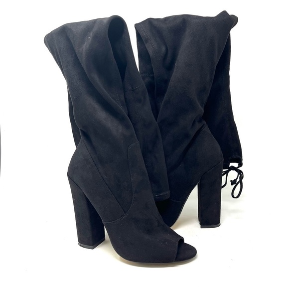 Steve Madden Elliana Peep Toe Over the Knee Boot Heel Black Faux Suede Size 8M - Picture 9 of 11